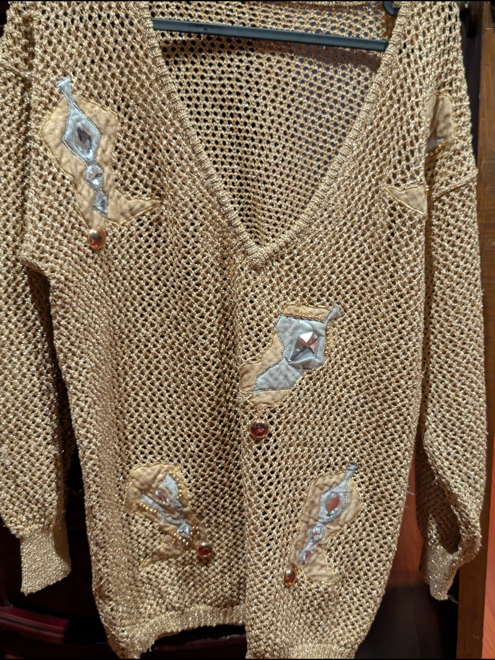 Vtg Pronto Moda Metallic Gold Western Cowboy Boot Open Weave Sweater